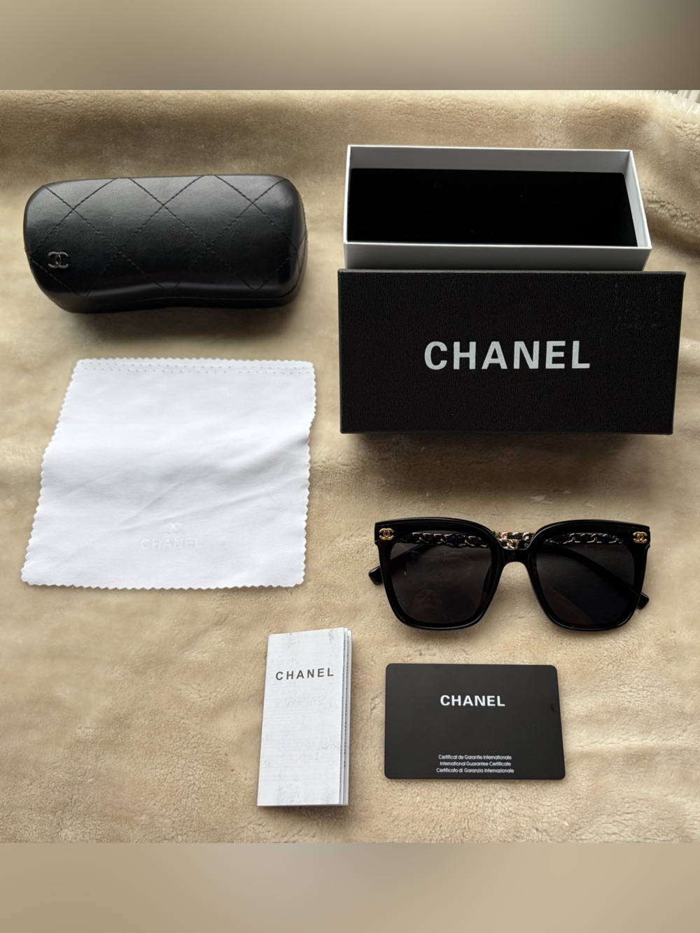 CHANEL Black Oversized Square Sunglasses with Gold Chain Accents